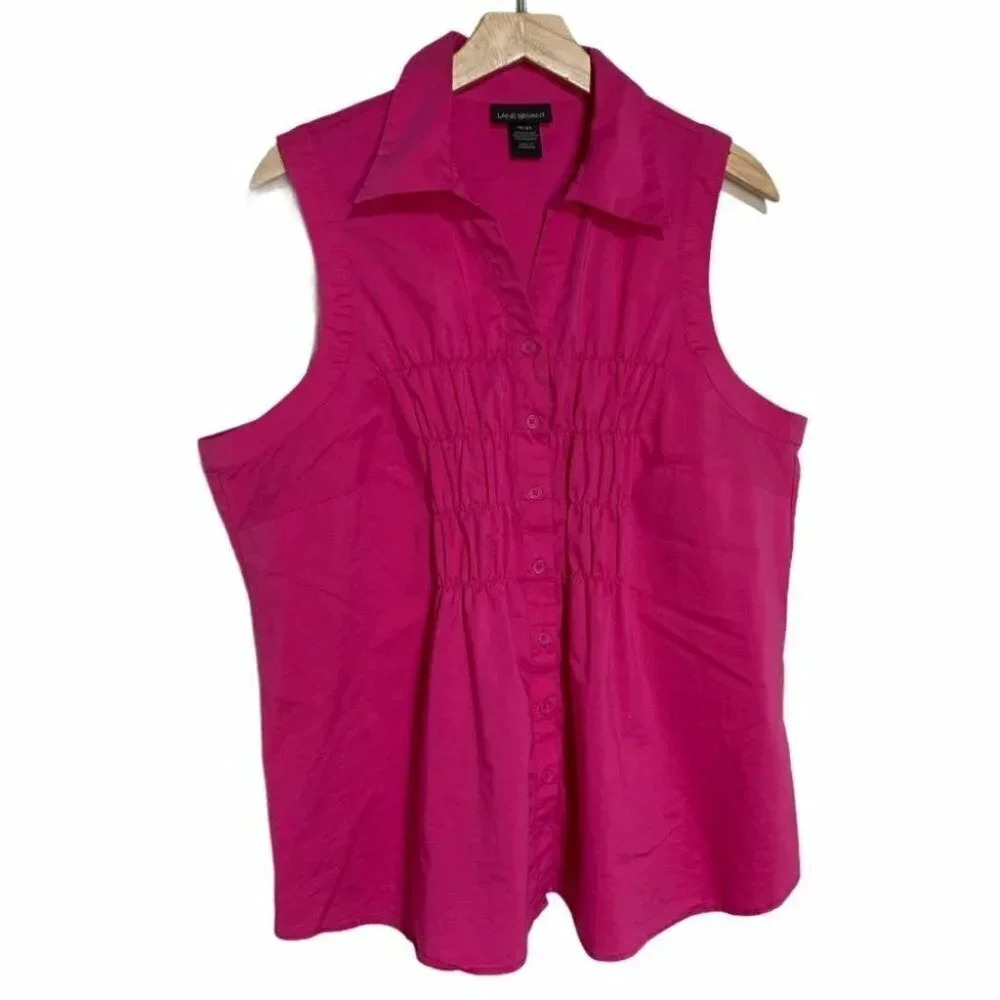 Lane Bryant Sleeveless Button Down 18/20 Hot Pink Ruched Waist Stretch Blouse